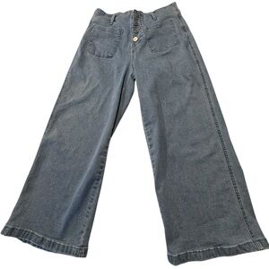 Fly front, Wide-Leg  Blue Jeans with Front Patch Pockets